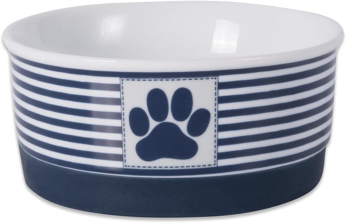 Paw & Patch Nautical Blue Small Ceramic Pet Bowl for Dogs and Cats - 4.25" x 2" with Non-Slip Base