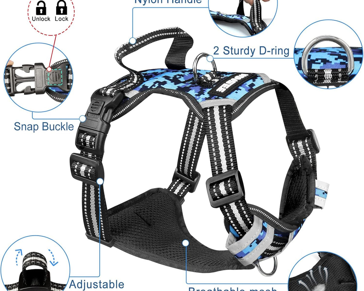 Adjustable No-Pull Dog Harness with Reflective Oxford Vest and Collar, Featuring Front/Back Leash Clips and Easy Control Handle for All Dog Sizes