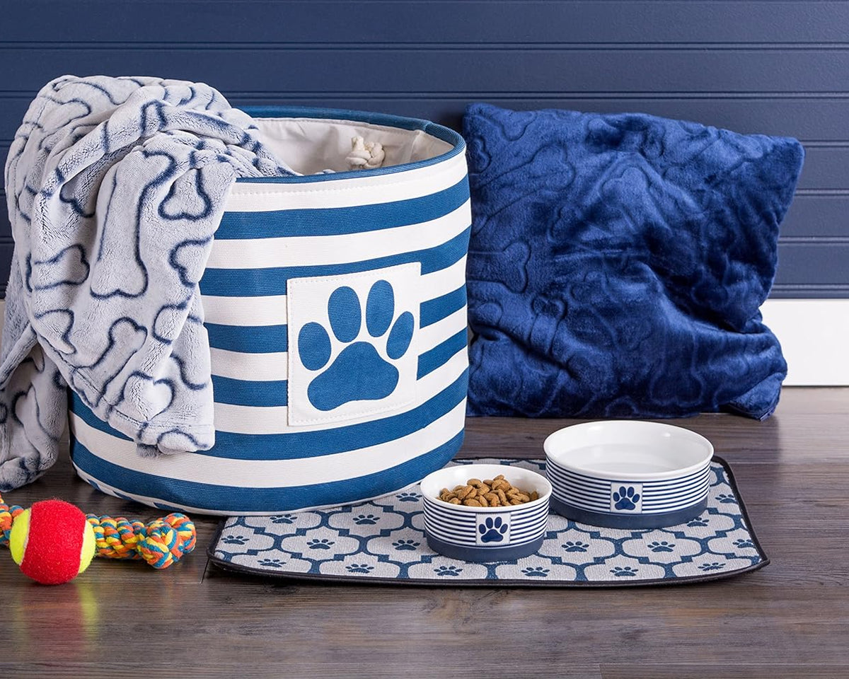 Paw & Patch Nautical Blue Small Ceramic Pet Bowl for Dogs and Cats - 4.25" x 2" with Non-Slip Base