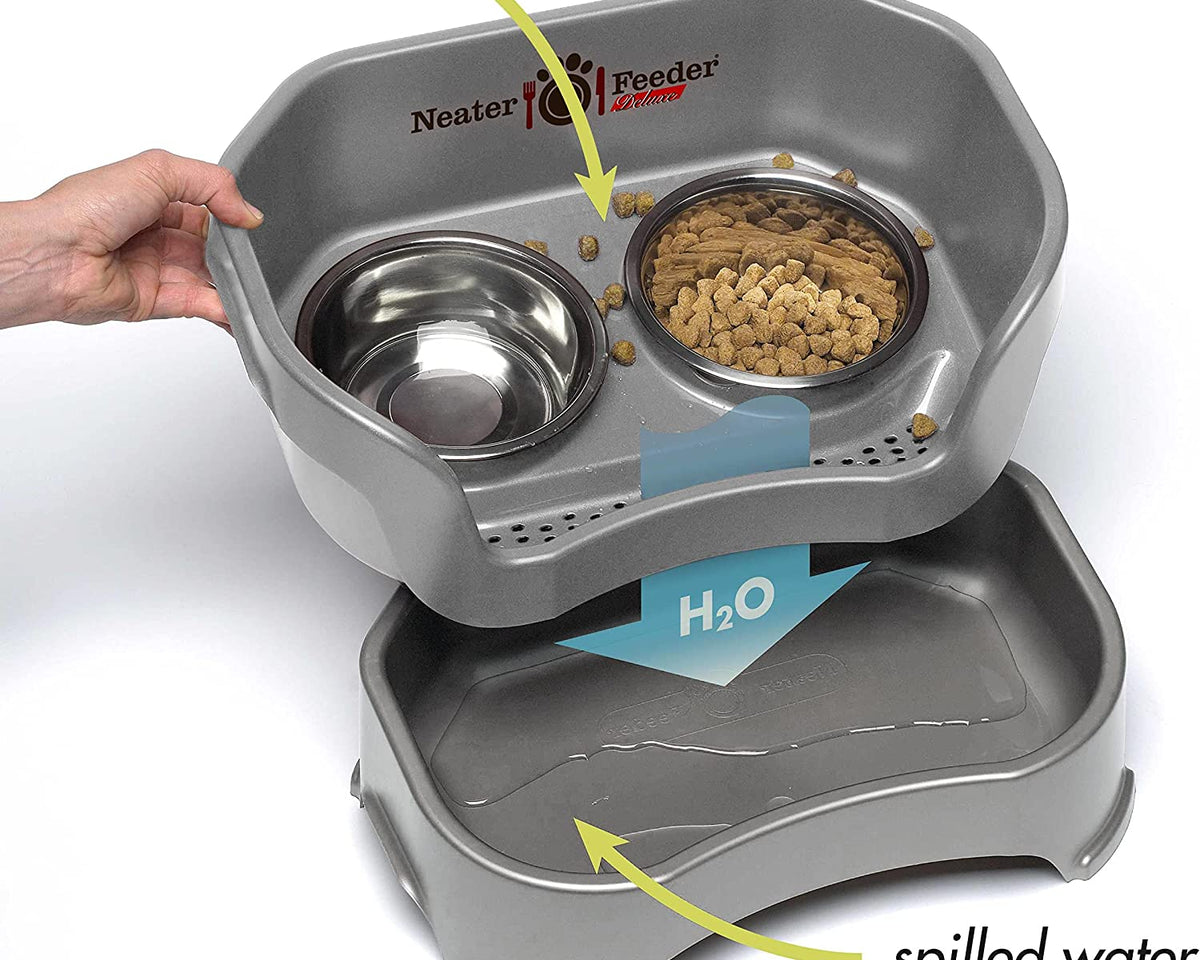 Deluxe Elevated Feeder for Small Dogs (Up to 19 lbs) - Mess-Proof Food and Water Bowl Set, USA-Made, Grey
