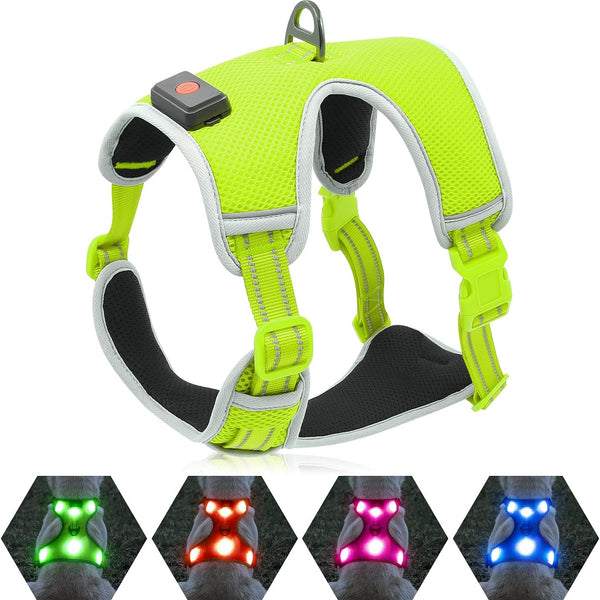 USB Rechargeable LED Dog Harness with Reflective Strips - Adjustable Medium Comfort Fit (Green)