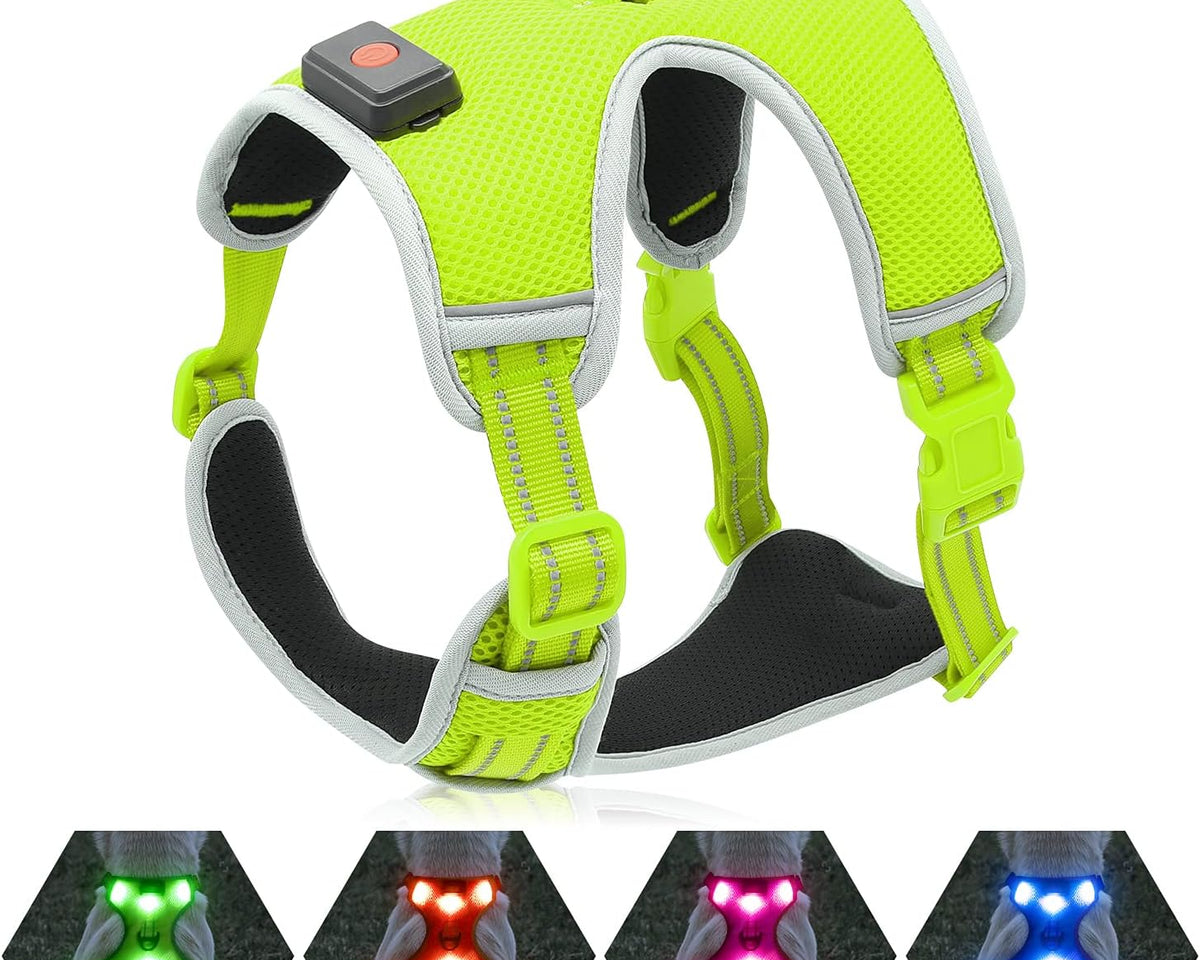 USB Rechargeable LED Dog Harness with Reflective Strips - Adjustable Medium Comfort Fit (Green)