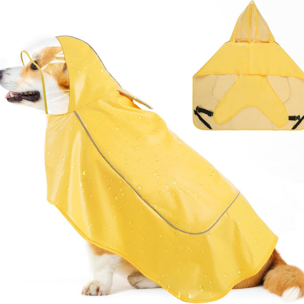 Adjustable Dog Raincoat with Clear Hood and Reflective Strips for Large, Medium, and Small Dogs - Yellow, Size L