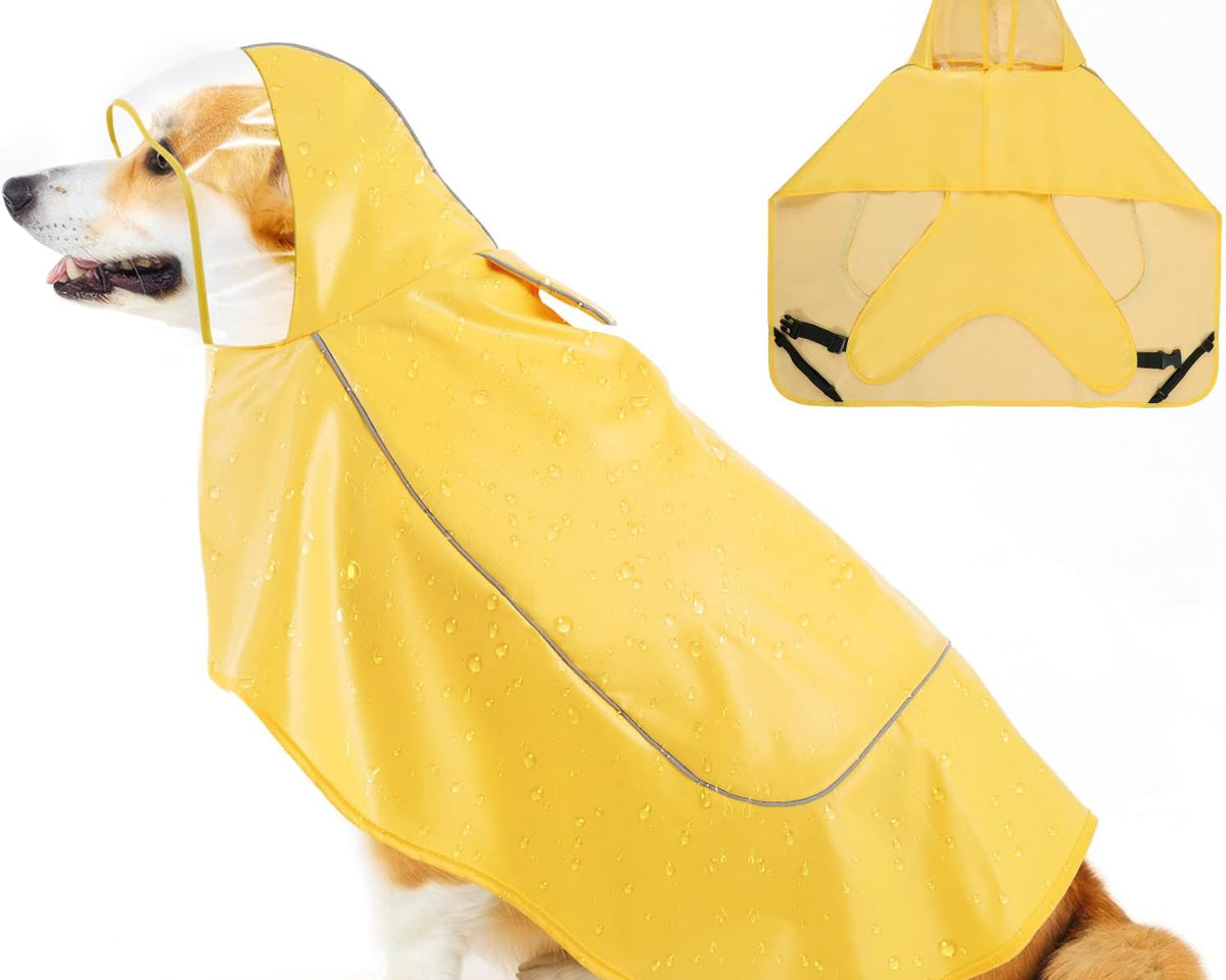 Adjustable Dog Raincoat with Clear Hood and Reflective Strips for Large, Medium, and Small Dogs - Yellow, Size L