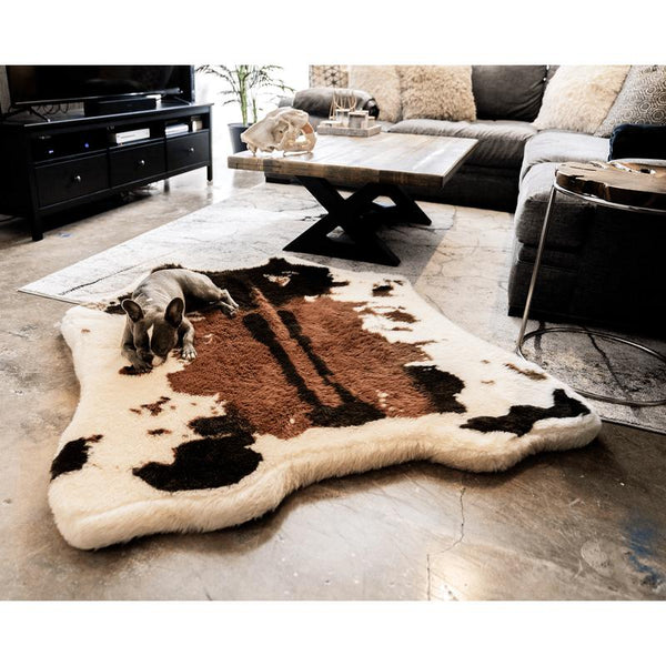 Puprug Premium Orthopedic Memory Foam Dog Bed with Faux Fur in Animal Print, 55" L x 50" W, Brown Cowhide