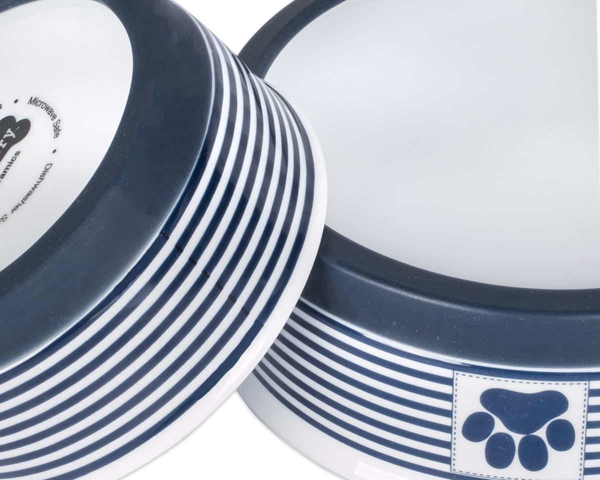 Paw & Patch Nautical Blue Small Ceramic Pet Bowl for Dogs and Cats - 4.25" x 2" with Non-Slip Base