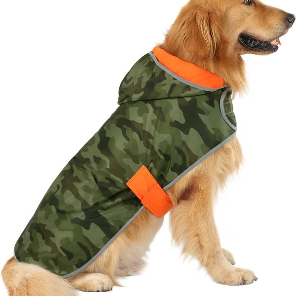 Stylish Reversible Camo & Orange Dog Raincoat - Hooded Slicker Poncho for Small, Medium & Large Dogs - Size L