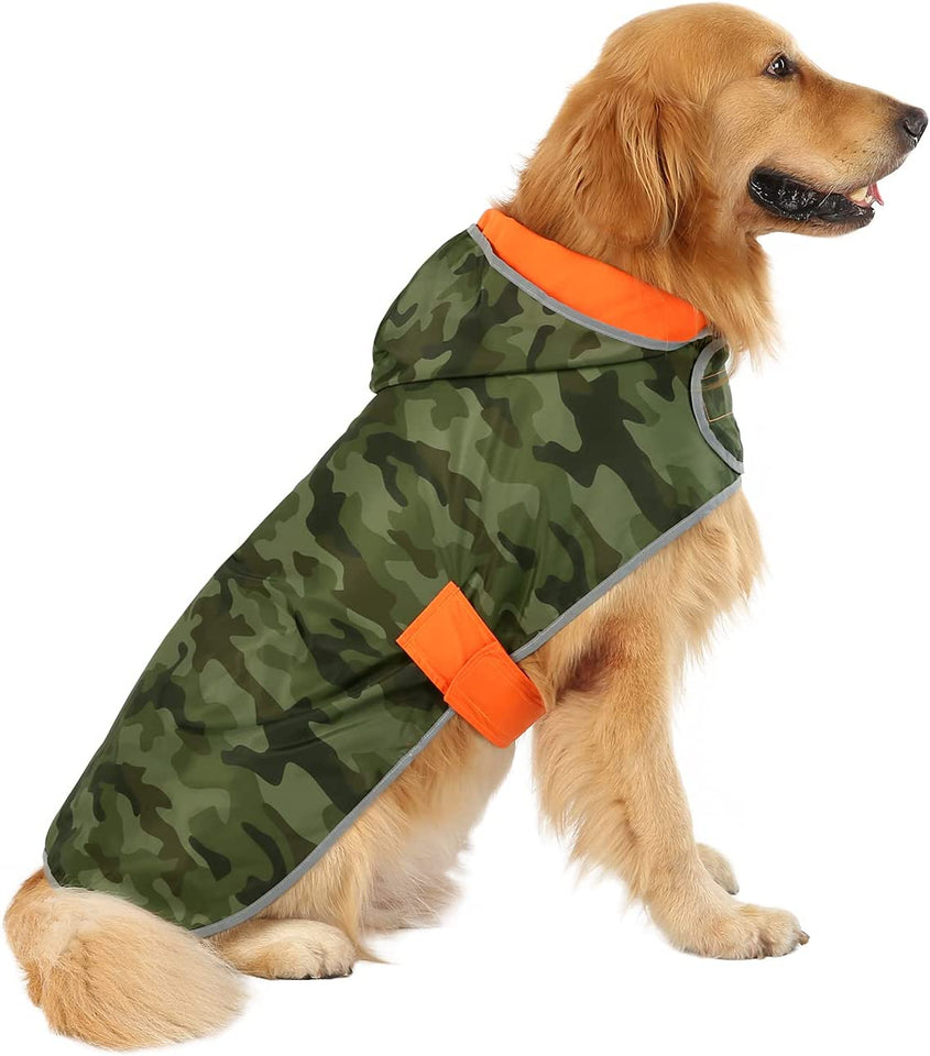Stylish Reversible Camo & Orange Dog Raincoat - Hooded Slicker Poncho for Small, Medium & Large Dogs - Size L