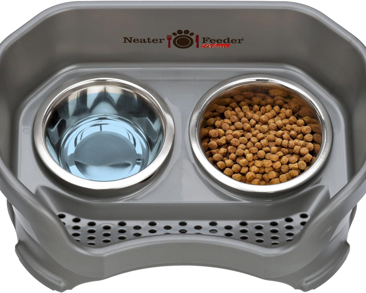 Deluxe Elevated Feeder for Small Dogs (Up to 19 lbs) - Mess-Proof Food and Water Bowl Set, USA-Made, Grey