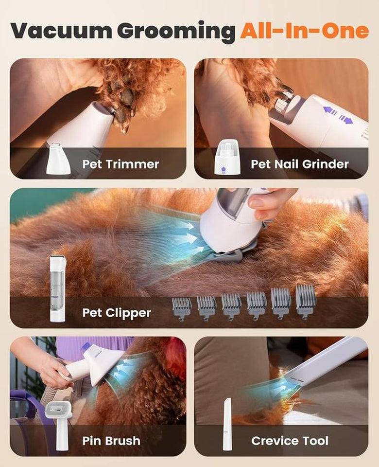 Comfy C1 Cordless Smart Pet Grooming Vacuum with Quiet Operation, Integrated Pet Clipper and Nail Grinder, 2L Dust Cup, and Four Grooming Tools for Effective Shedding and Home Cleaning