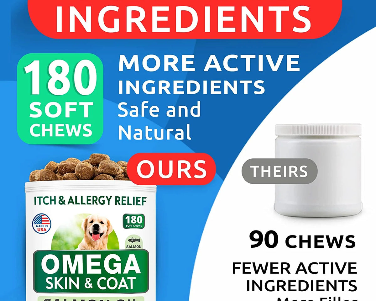 Omega 3 Fish Oil Treats for Dogs - 180 Soft Chews for Shedding, Skin Allergies, Itch Relief & Joint Health - Premium Salmon Oil with EPA & DHA for a Healthy Coat