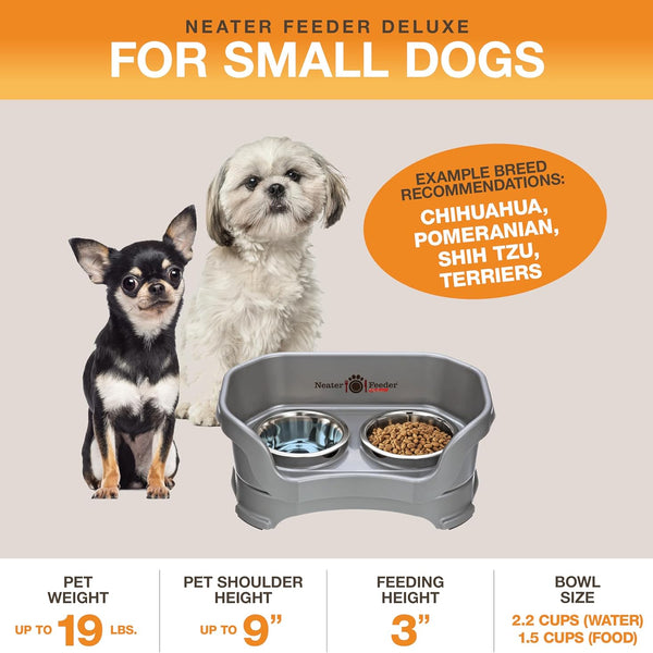 Deluxe Elevated Feeder for Small Dogs (Up to 19 lbs) - Mess-Proof Food and Water Bowl Set, USA-Made, Grey