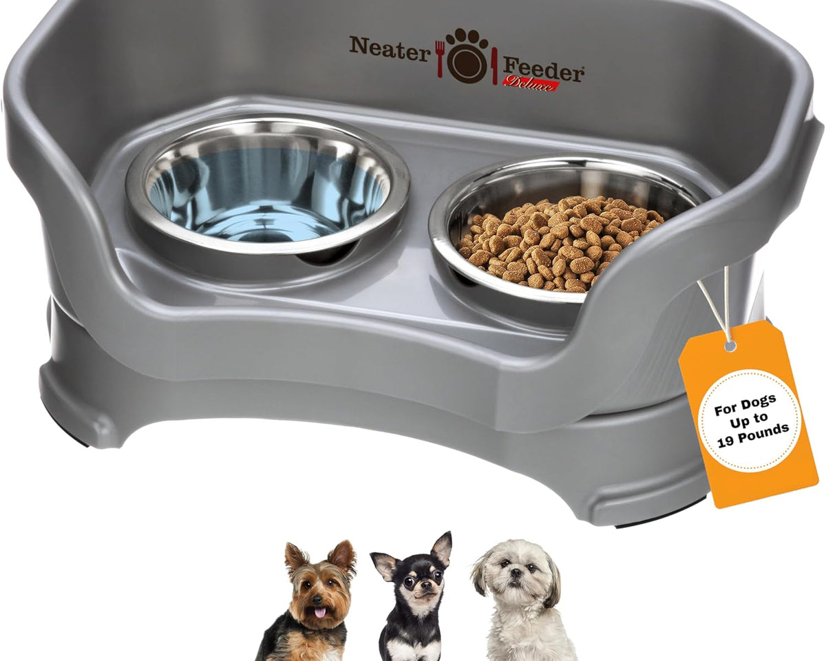 Deluxe Elevated Feeder for Small Dogs (Up to 19 lbs) - Mess-Proof Food and Water Bowl Set, USA-Made, Grey