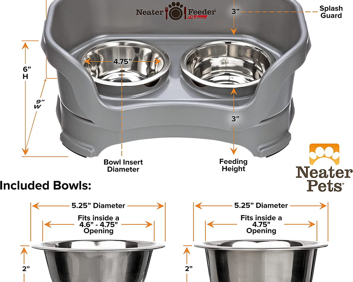 Deluxe Elevated Feeder for Small Dogs (Up to 19 lbs) - Mess-Proof Food and Water Bowl Set, USA-Made, Grey